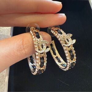 Chanel Black Leather Studded Motif Gold Hoop Earrings